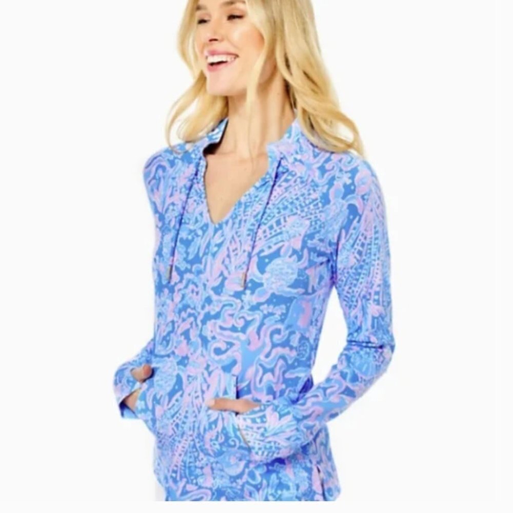 Lilly Pulitzer Cassi Popover Pullover In Boca Blue Sea What I Sea size Large NWT